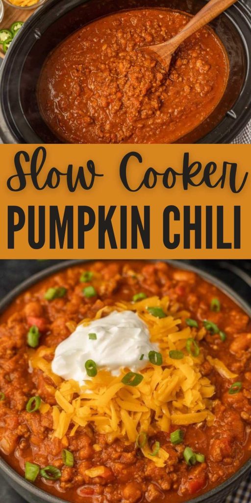 Add a bit of sweetness to your classic chili recipe with this Crock Pot Pumpkin Chili Recipe. Delicious, flavorful and easy to make chili. We love this easy slow cooker recipe. Use ground turkey or ground beef or make if vegetarian. #eatingonadime #pumpkinchili #crockpotrecipes