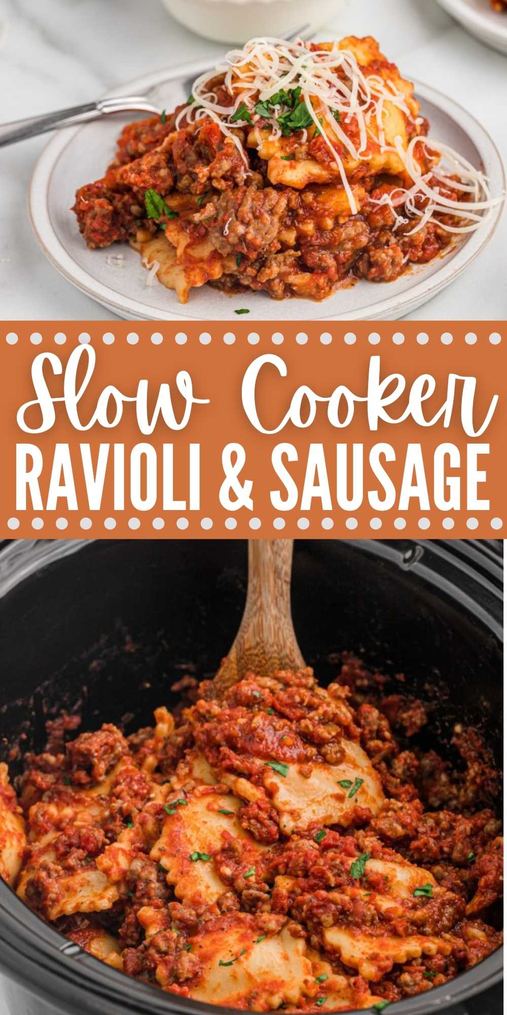 Crockpot Ravioli and Sausage is a one pot meal layered with cheesy ravioli, sausage and the tomato sauce. Try this meal for busy weeknights. Easy ingredients makes this slow cooker meal so delicious. #eatingonadime #ravioliandsausage #slowcookerrecipes