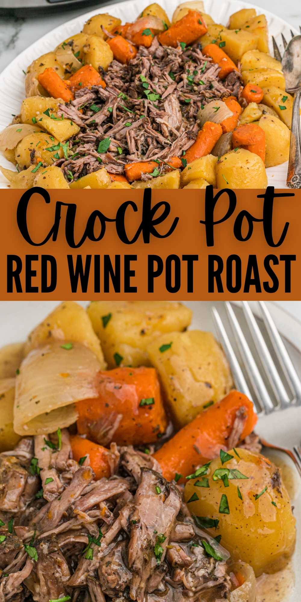 This Slow Cooker Red Wine Pot Roast is full of warm flavors. Easy seasoning make this recipe so juicy and moist that it melts in your mouth. Making this Red Wine Pot Roast in the slow cooker for delicious and easy meal. #eatingonadime #redwinepotroast #slowcooker