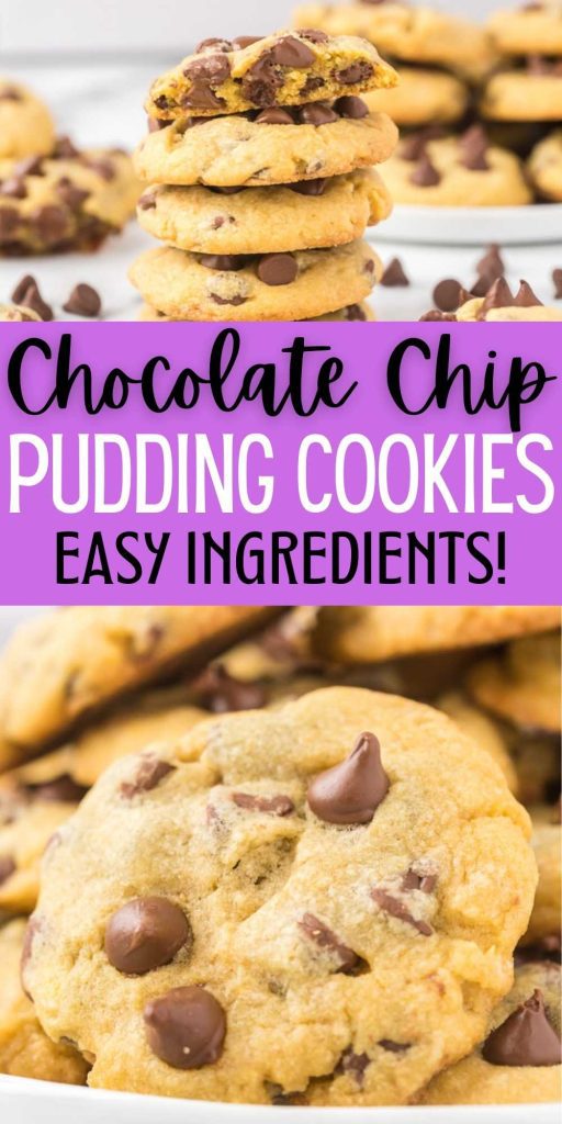 Chocolate Chip Pudding Cookies are made with a secret ingredient to make them soft and delicious. Easy to make from scratch cookies. Adding pudding mix to the cookies makes them the best soft cookie to make. #eatingonadime #puddingcookies #chocolatechipcookies