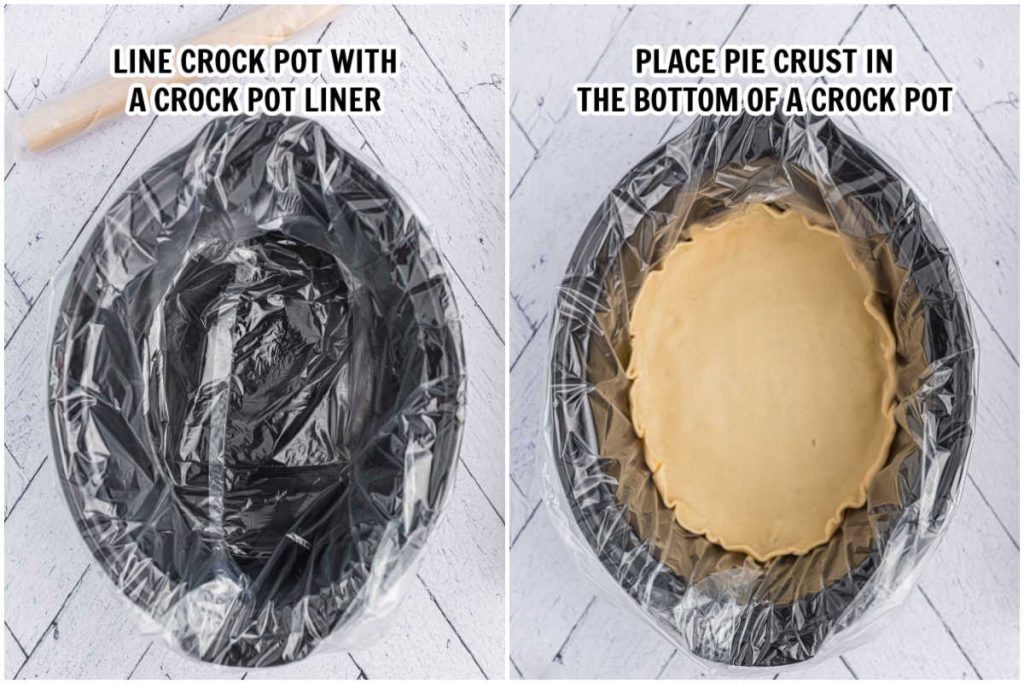 Preparing the slow cooker with liner and adding in the crust