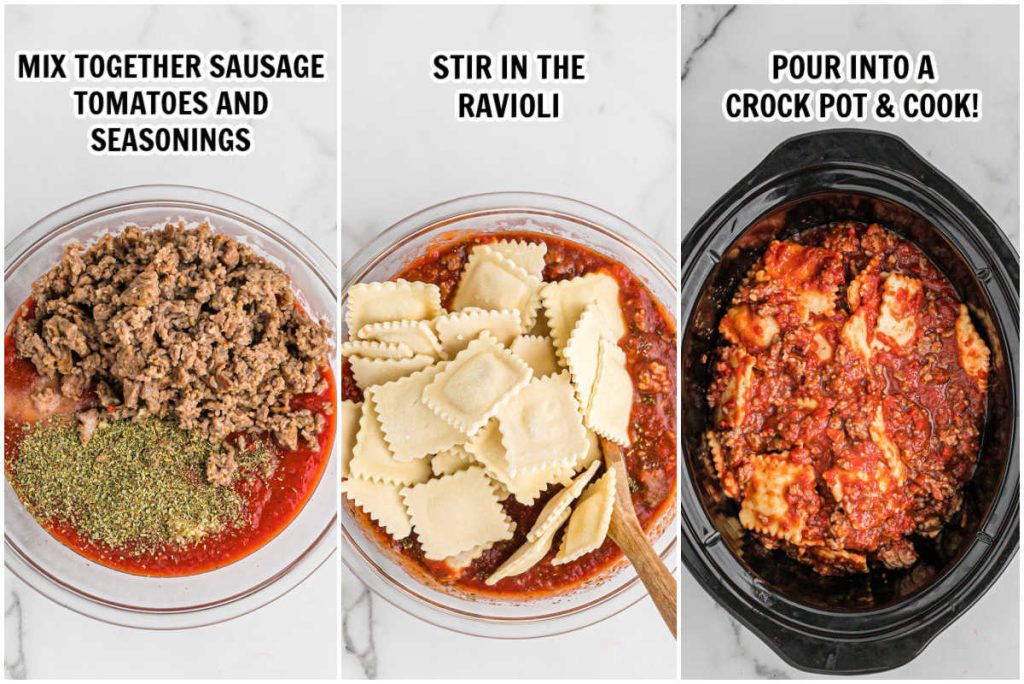 the process of making italian sausage and ravioli in the slow cooker