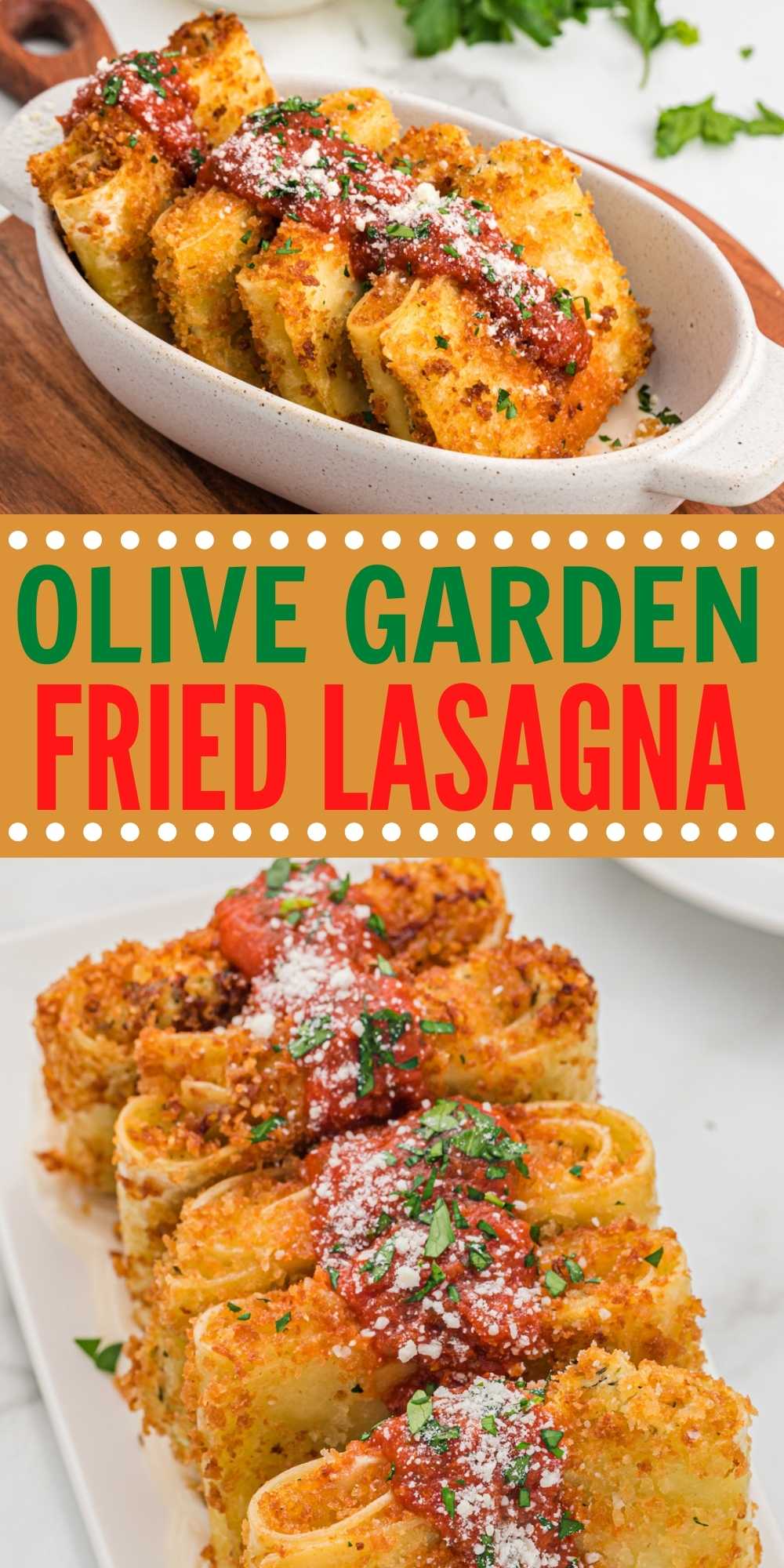 Olive Garden Fried Lasagna is a traditional lasagna dish that is deep fried to perfection. This Italian dish is delicious and easy to make. Make it as an appetizer or a main dish. Simple ingredient copycat recipe. #eatingonadime #olivegarden #friedlasagna #copycatrecipes