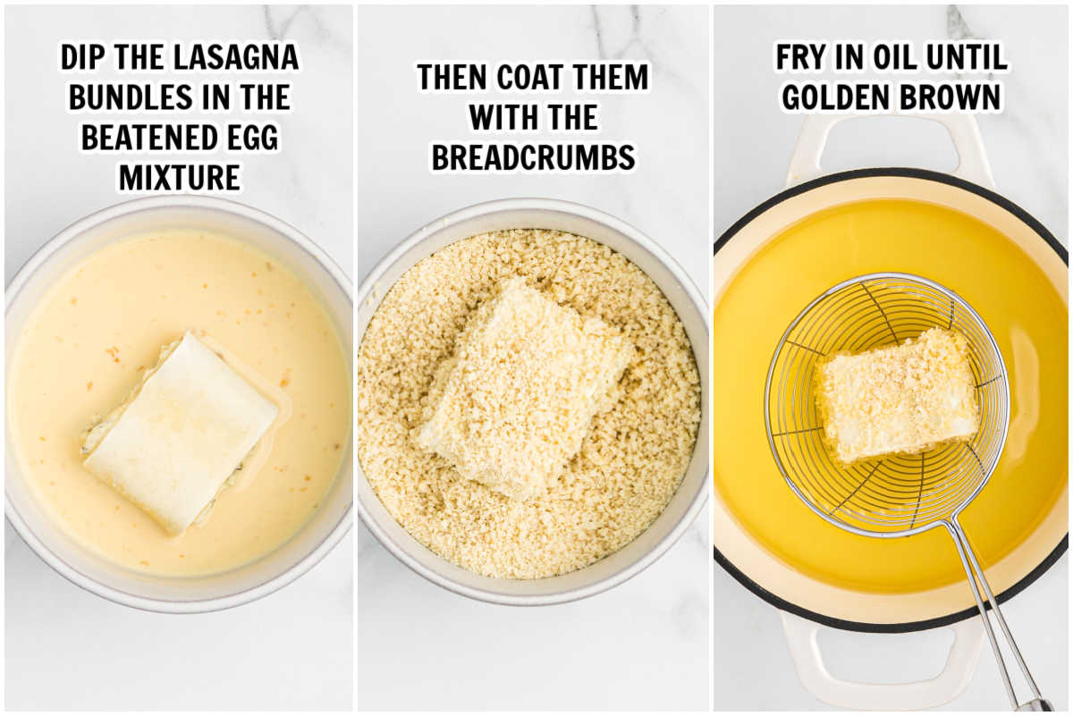 The process of breading and frying lasagna