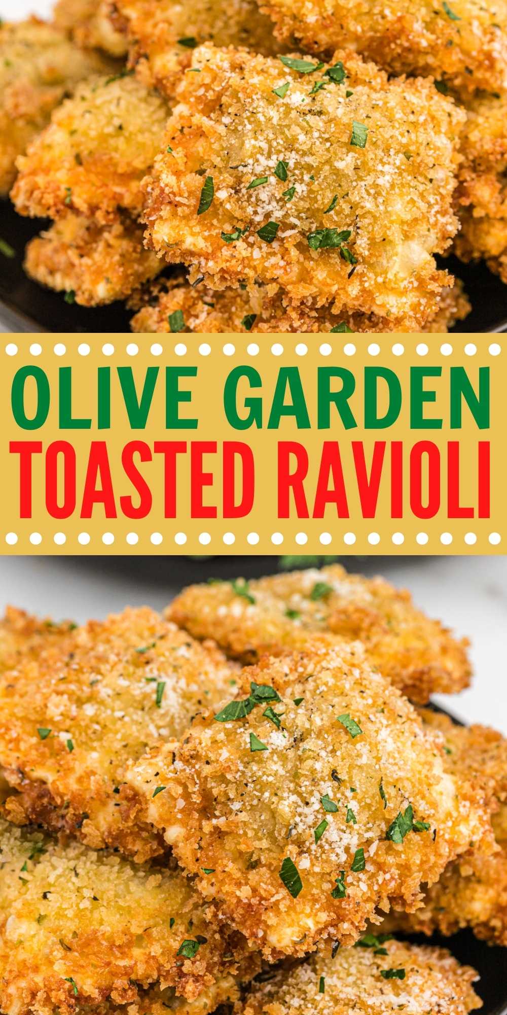 Olive Garden Toasted Ravioli is a family favorite appetizer. This copycat recipe is easily made at home with simple ingredients. Make your favorite Olive Garden appetizer at home with this easy toasted ravioli recipe. #eatingonadime #toastedravioli #olivegarden #copycatrecipes