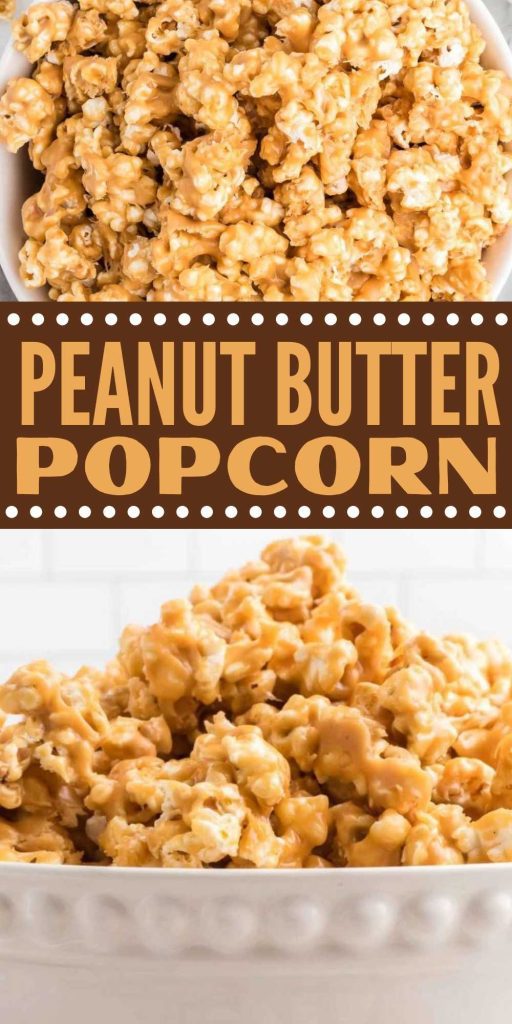 Peanut Butter Popcorn Recipe is perfect for movie night, holiday snacking, and more. Make this easy sweet and salty popcorn mix with simple ingredients. Perfect holiday snack to serve or make as a gift. #eatingonadime #peanutbutter #popcorn #holidaysnack #homemadegift
