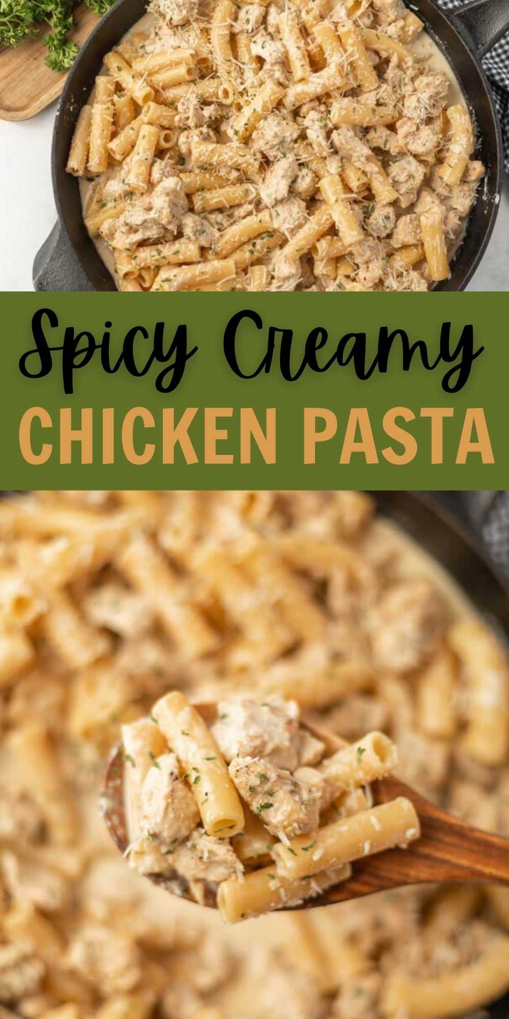 If you are looking for an easy meal that your entire family will enjoy, try Spicy Creamy Chicken Pasta Recipe. It is loaded with tender chicken, tomatoes, cream cheese and more. It is creamy and delicious! This one pot meal is packed with flavor. #eatingonadime #spicycreamy #chickenpasta #pastarecipes