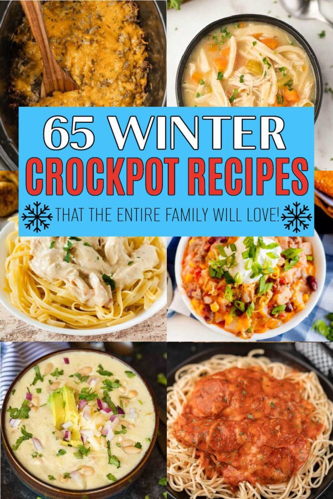 These 65 Winter Crockpot Recipes are perfect to warm you up this winter. From lasagna, soups to chili these recipes are easy to make. These slow cooker recipes are made with simple ingredients and are family friendly. #eatingonadime #wintercrockpotrecipes #winter