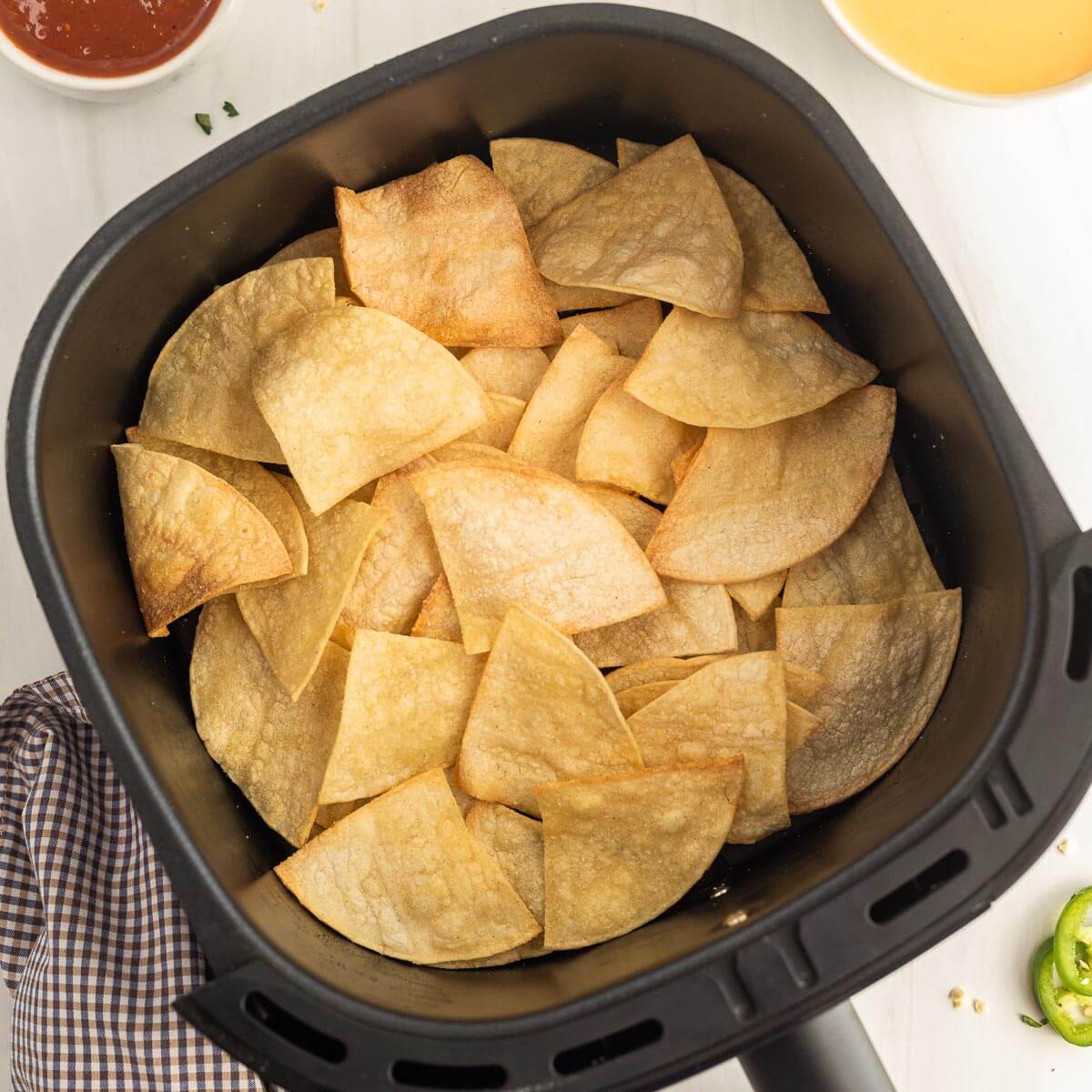 Tortilla Chips in a air fryer basket