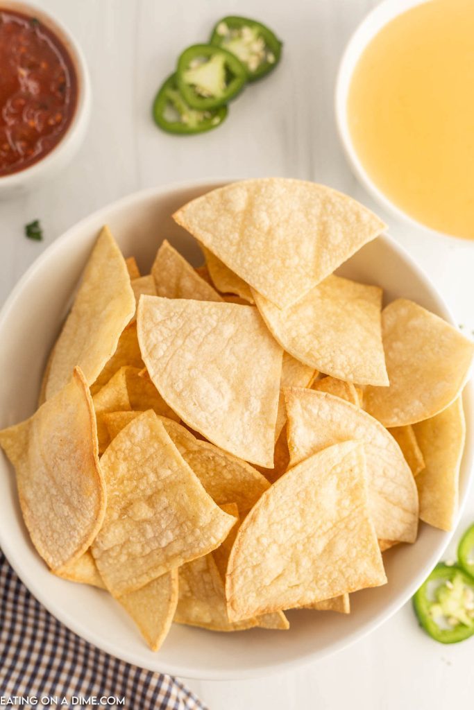 Air Fryer Tortilla Chips in a white bowl