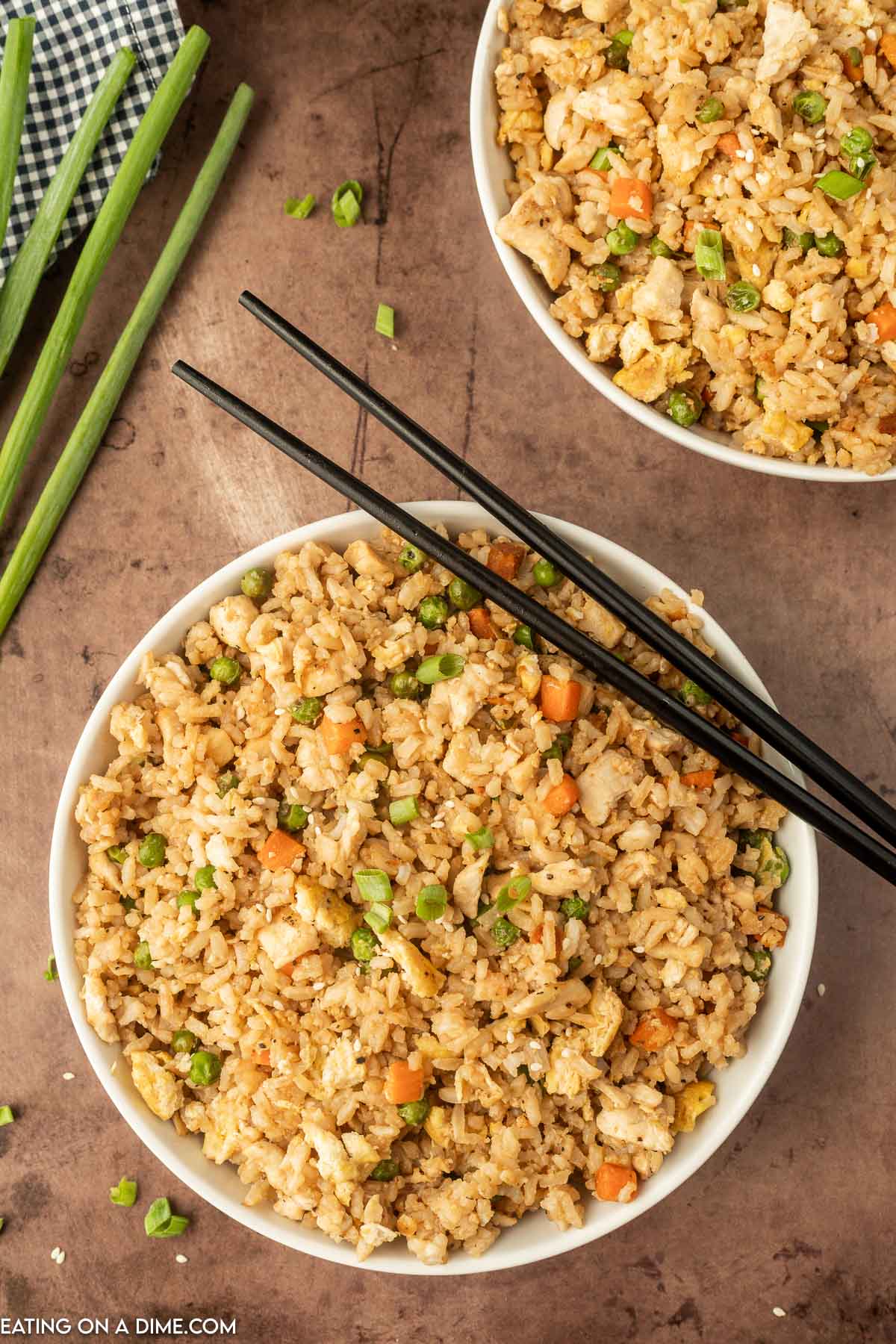 Chicken Fried Rice in a white bowl with chopsticks