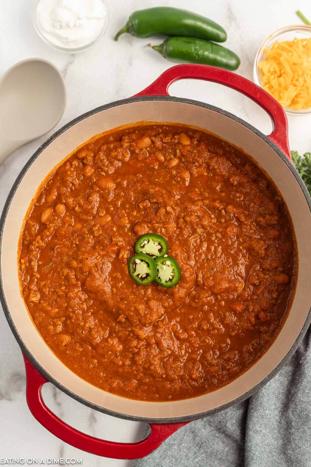 Pumpkin chili in a Dutch oven. 