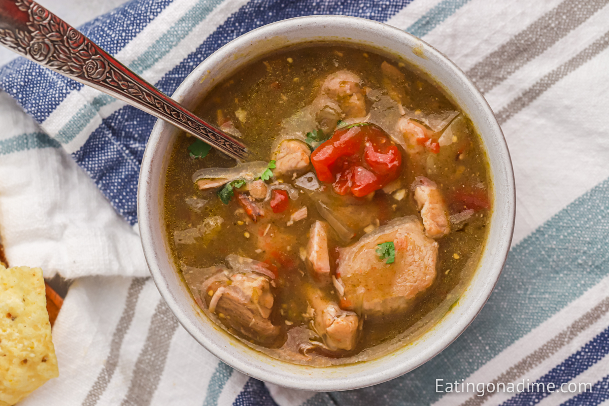 Chile Verde in a bowl with a spoon