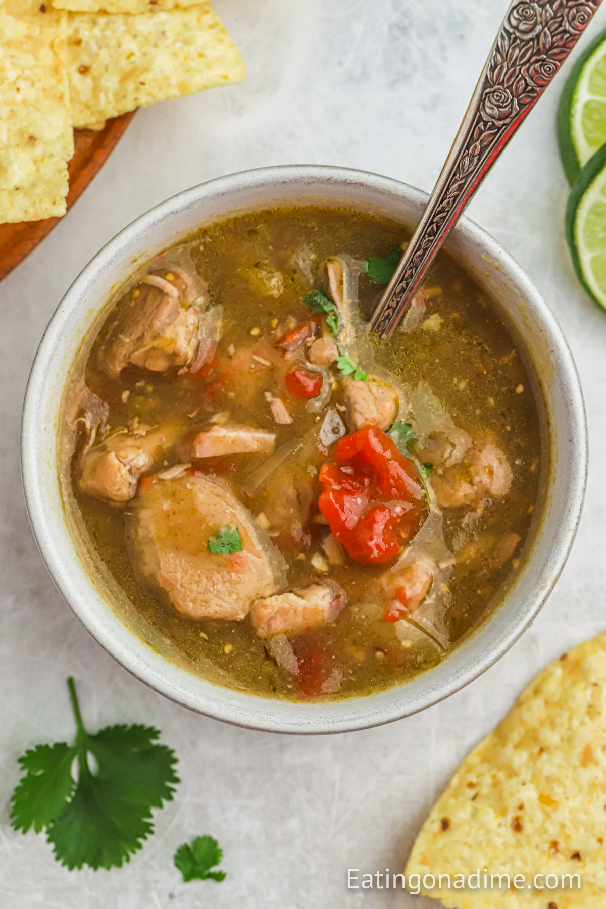 Chile Verde in a bowl with a spoon