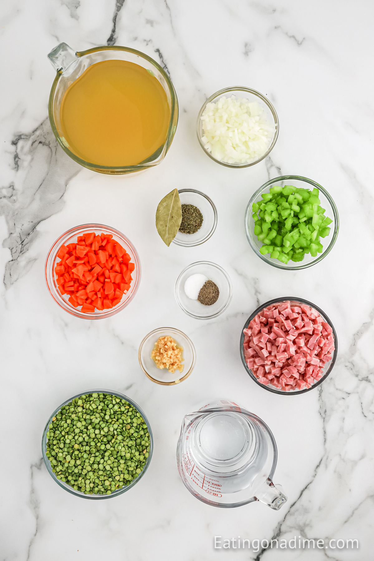 Ingredients needed - green peas, onion, carrots, celery, ham, garlic, bay leaf, thyme leaves, pepper and salt, chicken broth, water, fresh parsley