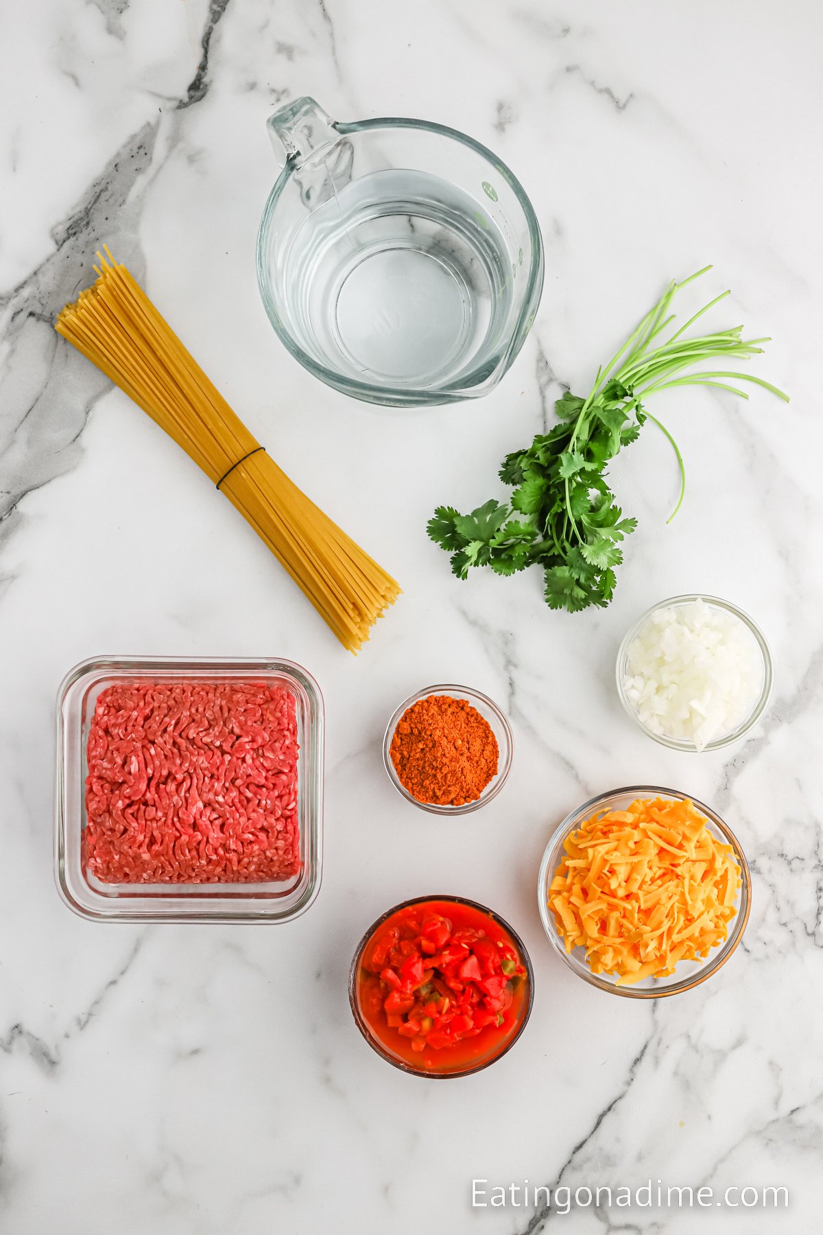 Ingredients needed - ground beef, yellow onion, taco seasoning, diced tomatoes, spaghetti noodles, water, cheddar cheese, fresh cilantro