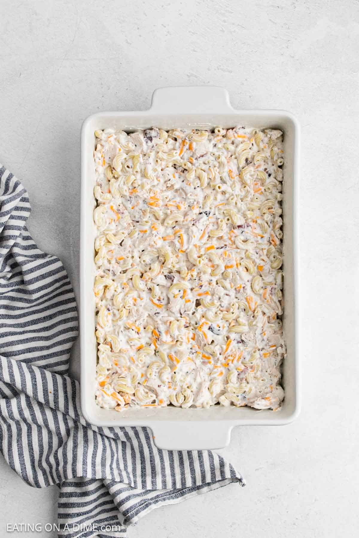 Creamy sauce and macaroni mixed together and spread into a baking dish.