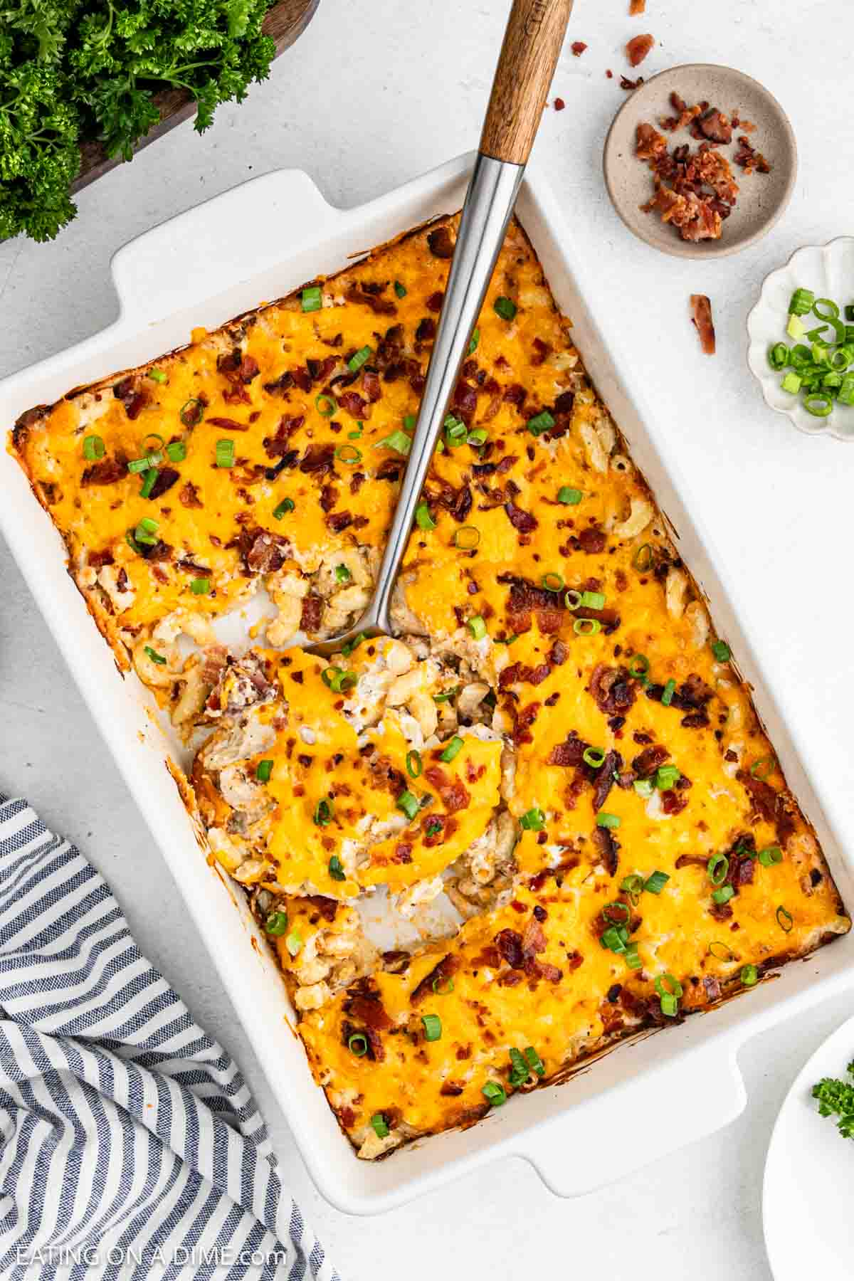 Chicken casserole in a baking dish ready to serve.