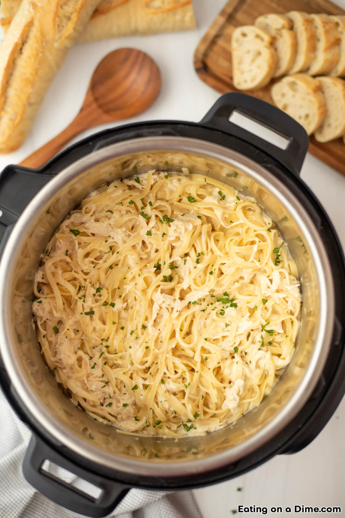 Close up image of chicken alfredo in the instant pot