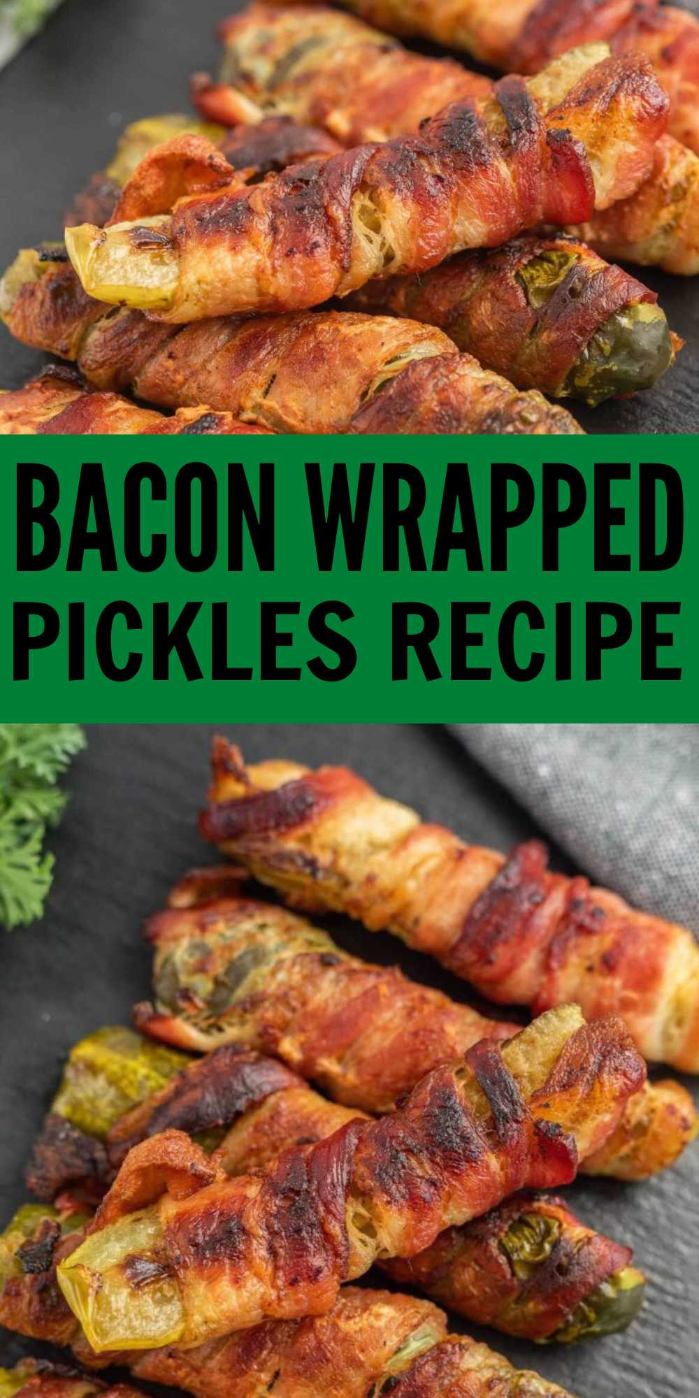 Bacon Wrapped Pickles come together with only 3 ingredients. Each bite is crispy perfection and even better dipped in ranch. Pickle Fries have to be the easiest recipe ever. Dill pickle spears are wrapped in smoky bacon and baked until crispy. #eatingonadime #baconwrappedpickles #easysnack