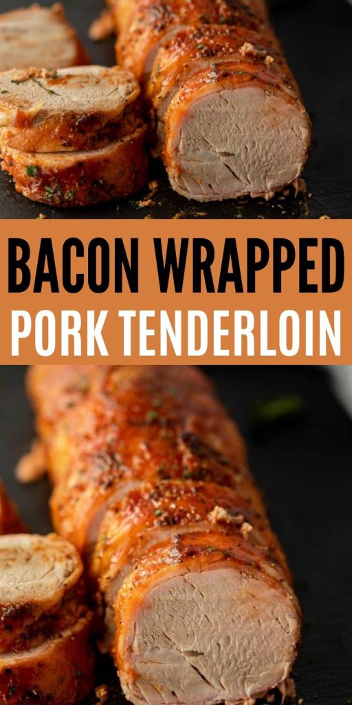 Bacon Wrapped Pork Tenderloin is made with 4 ingredients. Delicious and easy to make pork tenderloin that is sure to impress your family. The pork tenderloin is tender and juicy when wrapped in bacon and baked. #eatingonadime #baconwrapped #porktenderloin