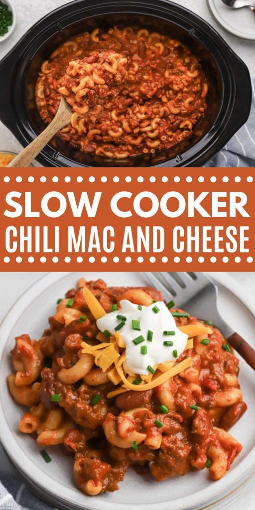 Crock Pot Chili Mac and Cheese Recipe is the best of both worlds. Everything you love about chili and mac and cheese come together for an incredible meal. Plus, the slow cooker makes this simple for busy weeknights. #eatingonadime #slowcookerrecipes #chilimacandcheese
