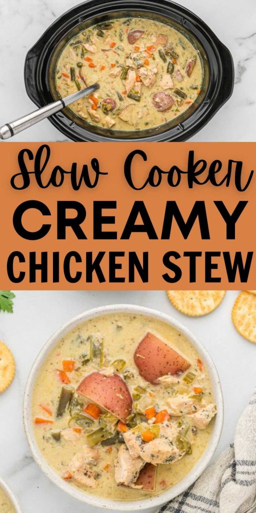 Slow Cooker Creamy Chicken Stew Recipe comes together with very little effort for the most creamy and delicious stew recipe. Each bite is so delicious and the perfect meal when you are craving comfort food. This is and easy crock pot chicken stew. #eatingonadime #slowcookerrecipes #creamychickenstew