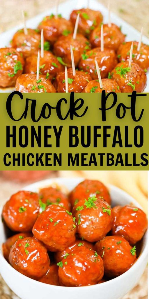 Enjoy lots of buffalo flavor in this simple and easy Crock Pot Honey Buffalo Chicken Meatballs recipe. With just a few ingredients, this meal comes together quickly making it perfect for Game Day, parties and more. #eatingonadime #honeybuffalo #chickenmeatballs #crockpotmeatballrecipes