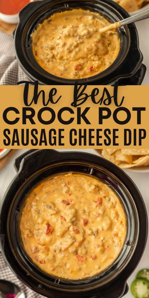 With only 3 ingredients, Crock Pot Sausage Cheese Dip is super easy. Lots of cheese and sausage blend to make this the perfect party dip. Velveeta, rotel and sausage all melted together to make the best cheese dip. #eatingonadime #sausagecheesedip #crockpotdip