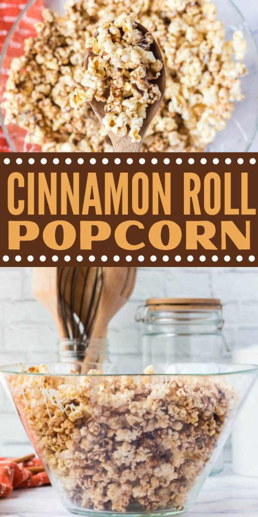 Cinnamon Roll Popcorn is an addicting snack that loaded with cinnamon and sugar flavor. Top with drizzled melted white chocolate for a treat. Cinnamon Roll Popcorn Recipe is full of sweet and salty flavors. Easily make the popcorn and coat the popcorn with a brown sugar mixture. #eatingonadime #cinnamonrollpopcorn #addictingsnack