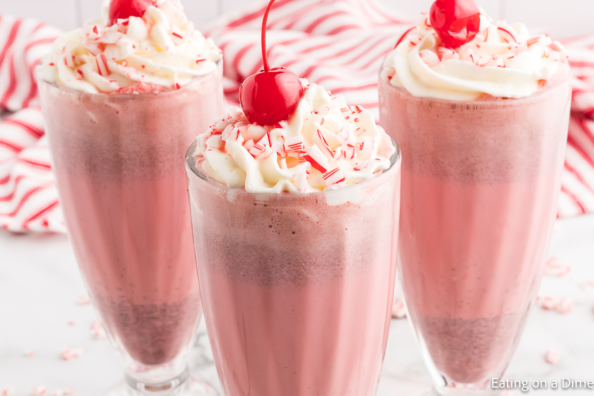 Close up image of Peppermint Milkshake in a glass topped with whipped cream in cherries