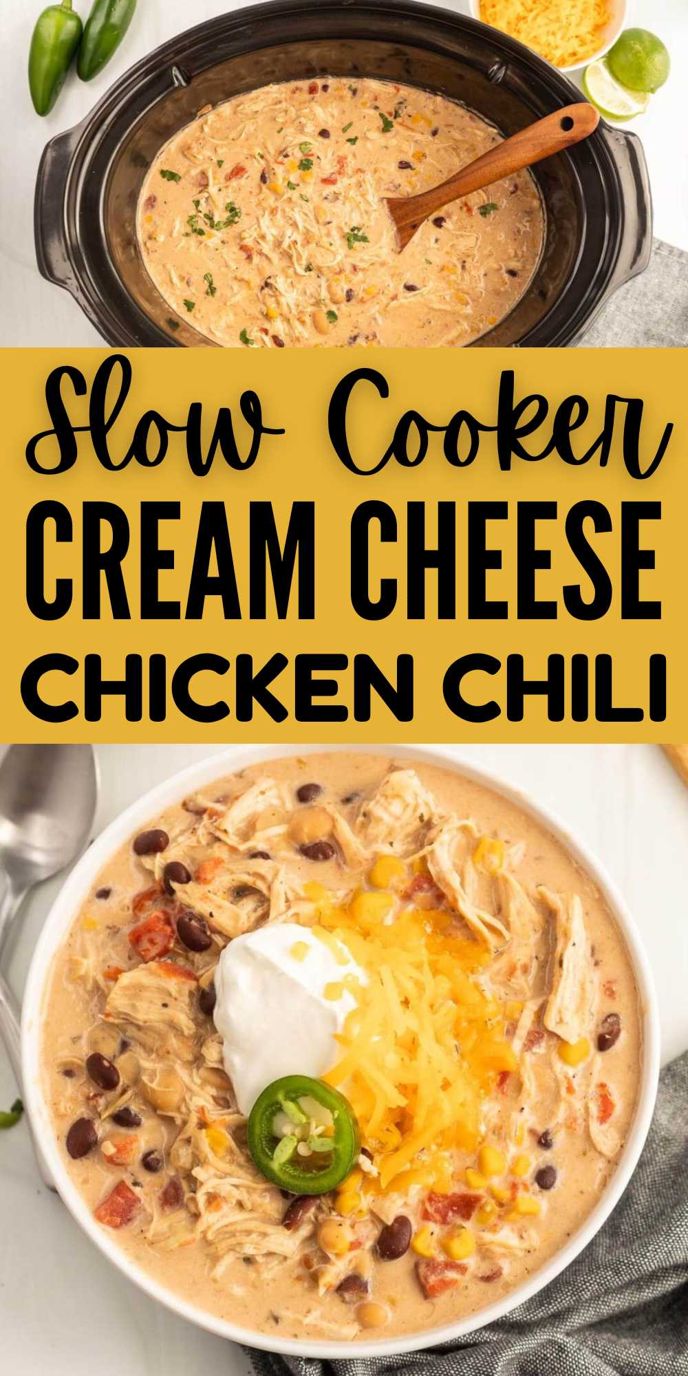 Crockpot cream cheese chicken chili recipe has everything you love about classic chili. This chili is easy and delicious. Tons of shredded chicken with lots of Mexican flavor and an amazing creamy broth make this a big hit around here. This creamy chili is easy to make with simple ingredients. #eatingonadime #crockpotchili #creamcheesechickenchili