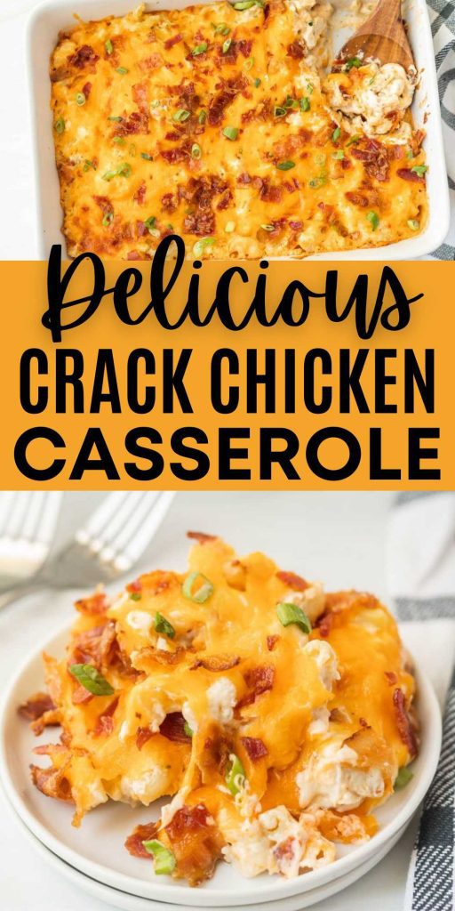 Crack Chicken Casserole is loaded with cheese, bacon and chicken. Creamy and delicious casserole with tons of flavor. Easy weeknight meal. All the ingredients of this crack chicken recipe is baked in a baking dish for a creamy and delicious meal. Bacon, chicken, cheese, and pasta is the perfect combination. #eatingonadime #crackchickencasserole #weeknightmeal