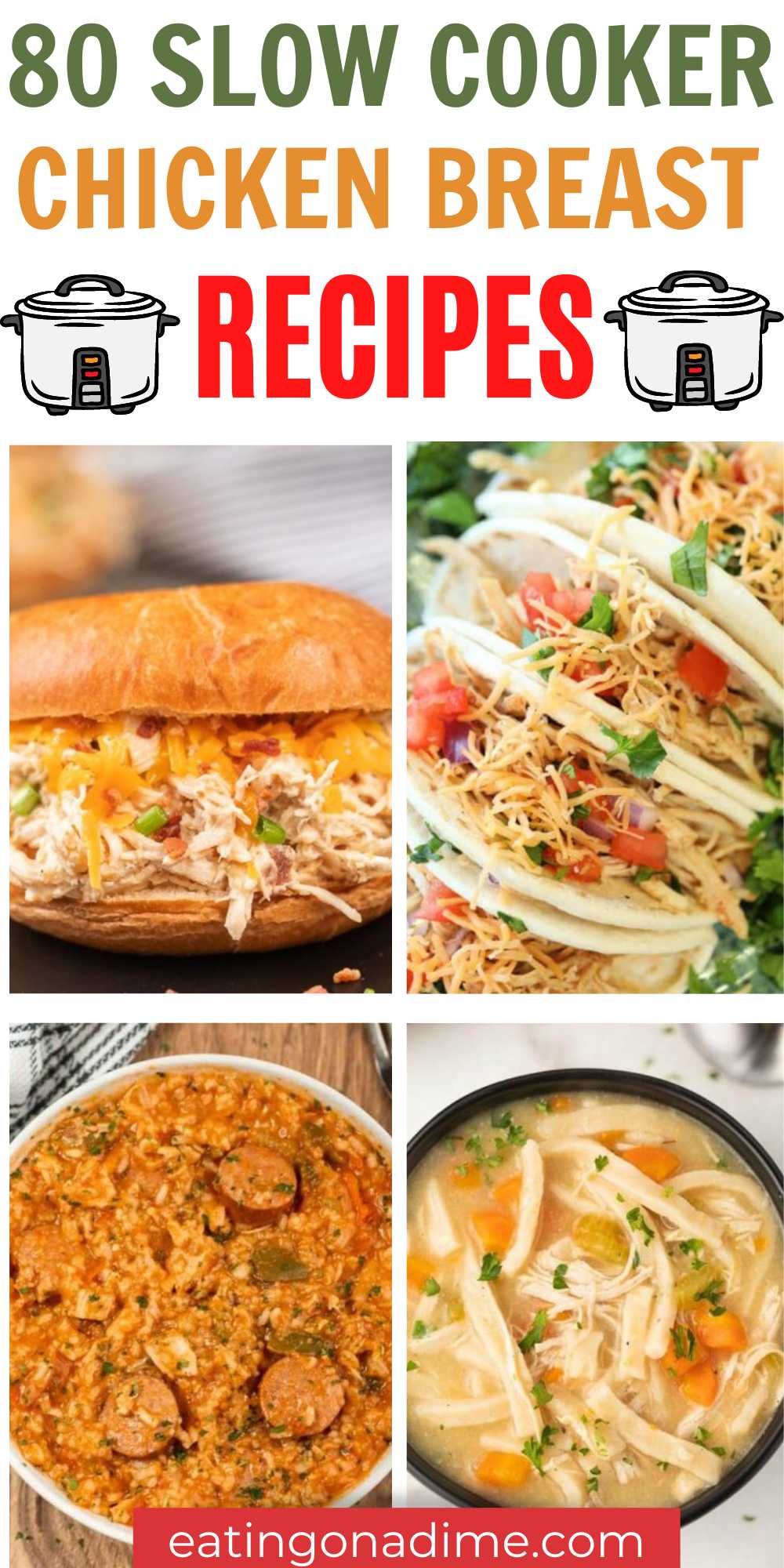 Crockpot Chicken Breast Recipes that will make dinner time a breeze. 80 of the best recipes using boneless skinless chicken. Boneless Skinless Chicken Breast can be placed in as frozen chicken or shredded chicken breast to make a delicious flavorful meal. #eatingonadime #chickenbreastrecipes #crockpotrecipes