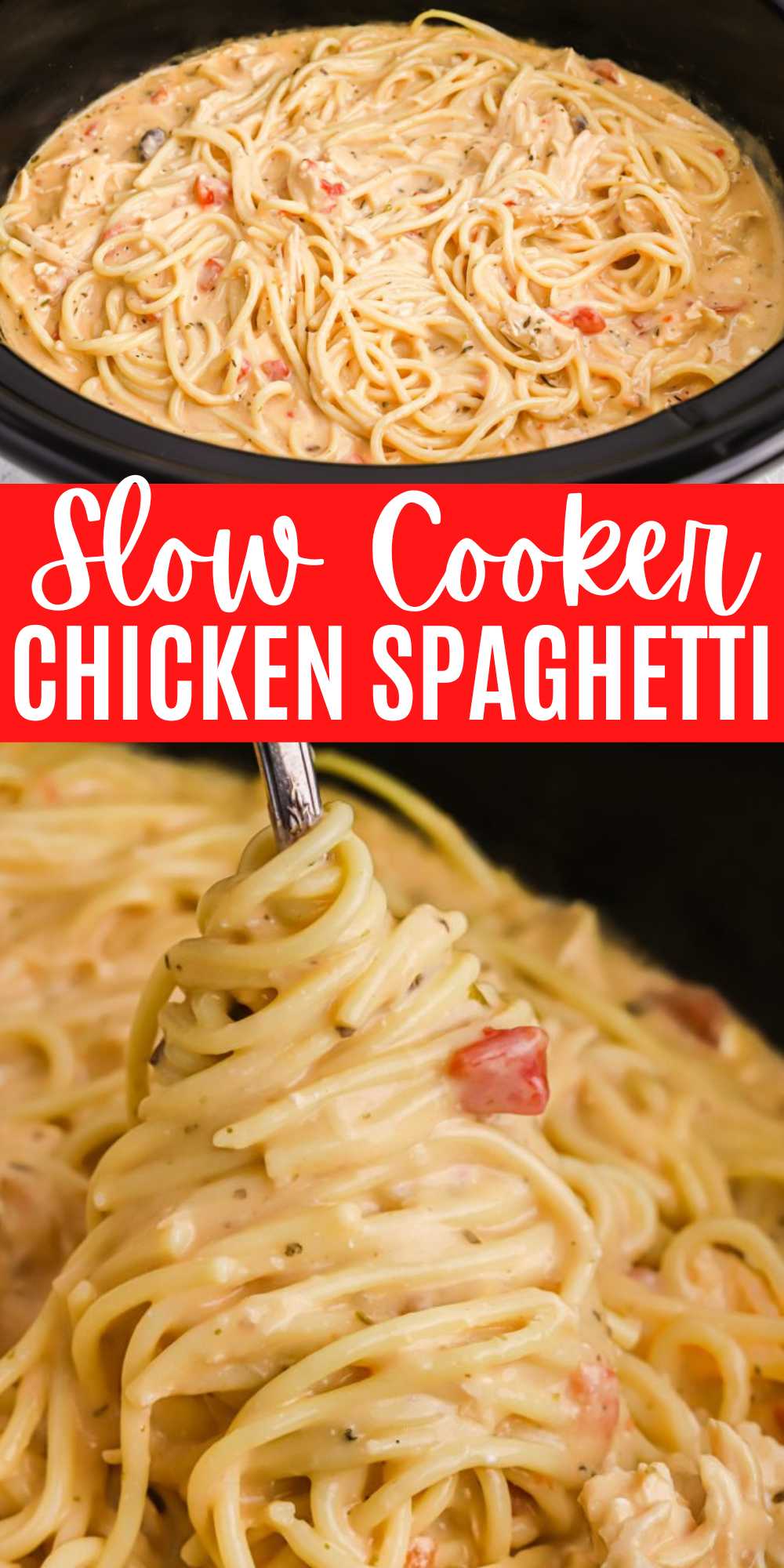Crockpot Cheesy Chicken Spaghetti Recipe is a delicious twist on traditional spaghetti. . Your family will ask for this over and over. It is so easy to prepare that you can quickly throw this together any day of the week. #eatingonadime #crockpotspaghetti #cheesychickenspaghetti