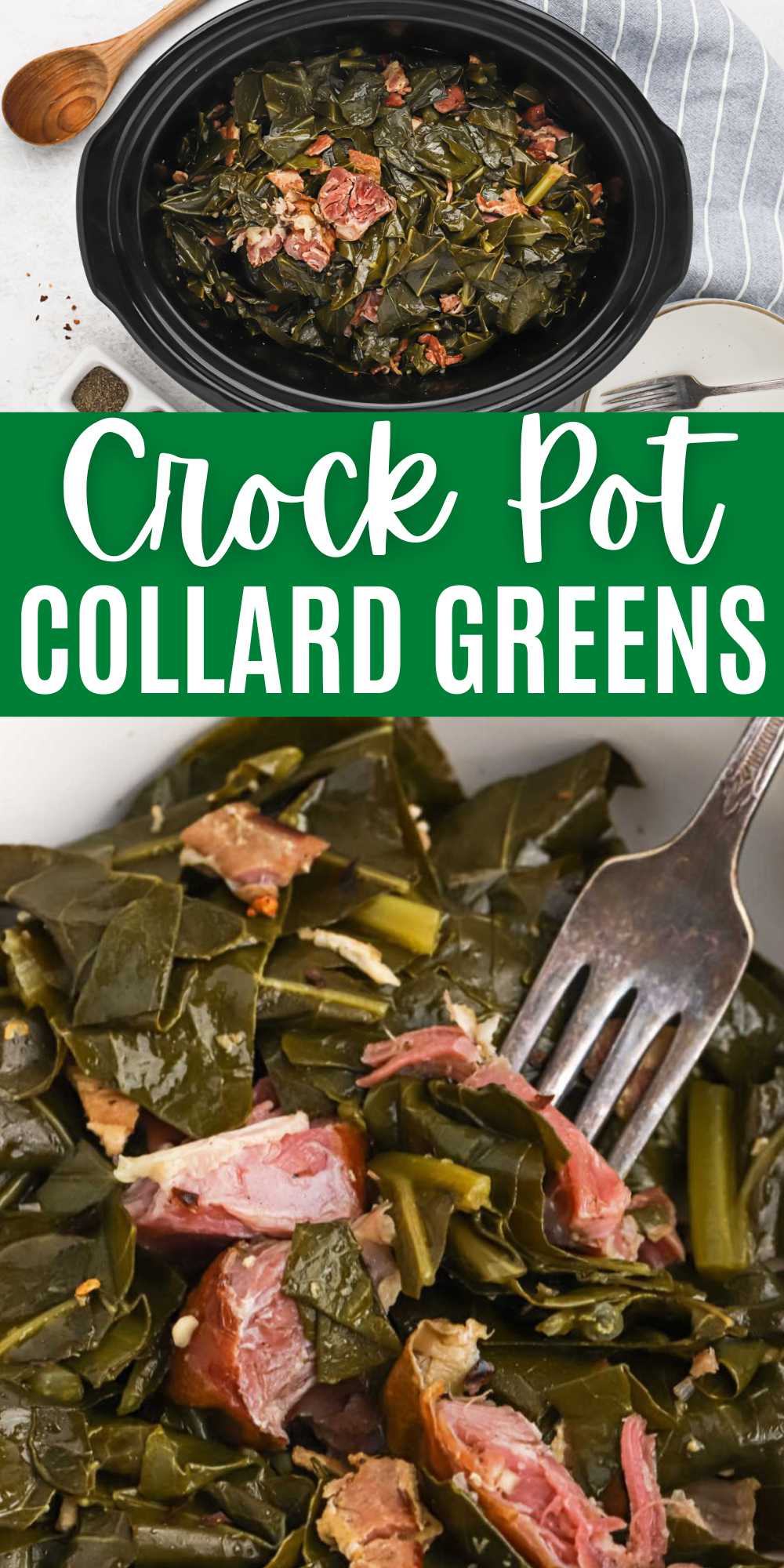 Crock Pot Collard Greens is a tasty side that is full of smokey flavor and a amazing broth. Serve this southern side dish for the holidays. Combining the collard greens with the ham hock, chopped bacon and simple seasoning makes this side dish so flavorful.  #eatingonadime #collardgreens #slowcookerrecipe #sidedish