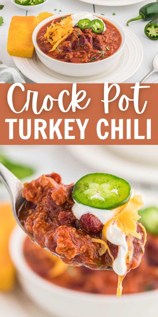 This hearty Turkey Chili Crockpot Recipe is thick and bursting with flavor. Easy ingredients and simple to make makes an easy weeknight meal.  This chili is loaded with ground turkey, beans, and easy seasoning. This is a healthy chili and can easily be made on the stove, crock pot or in your instant pot. #eatingonadime #turkeychili #crockpotrecipes