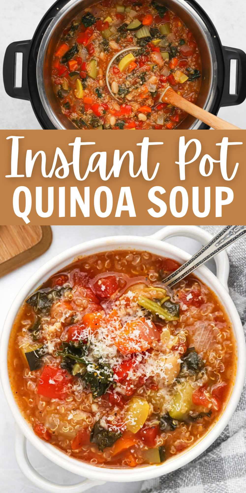 Get dinner on the table in under 5 minutes with this easy Instant Pot Quinoa Soup Recipe. Loaded with veggies and quinoa, this soup is tasty. Easy vegetable soup that is simple to make in the pressure cooker. #eatingonadime #pressurecooker #quinoasoup