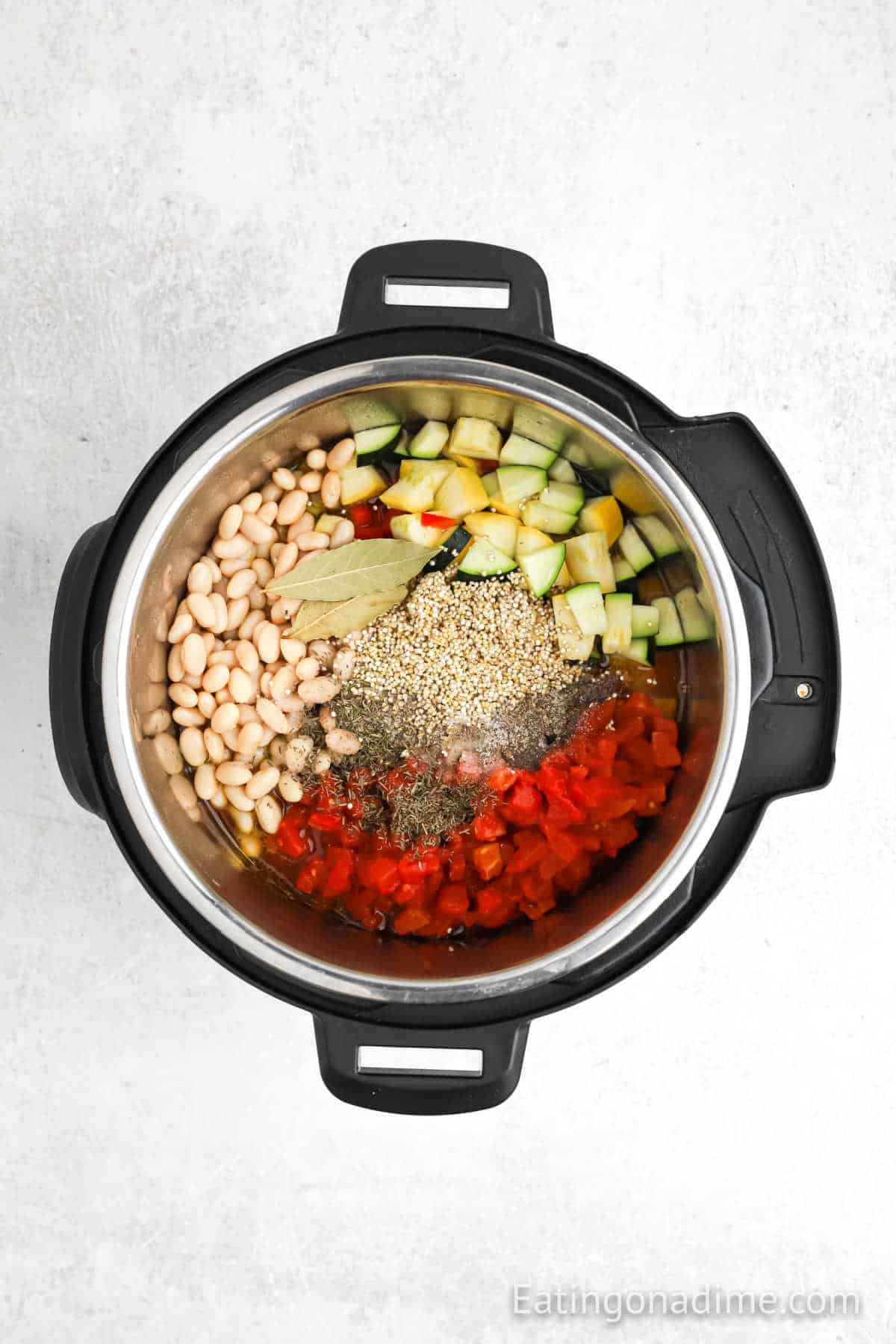 White beans, spices, diced tomatoes, and chopped zucchini have been added to the instant pot.