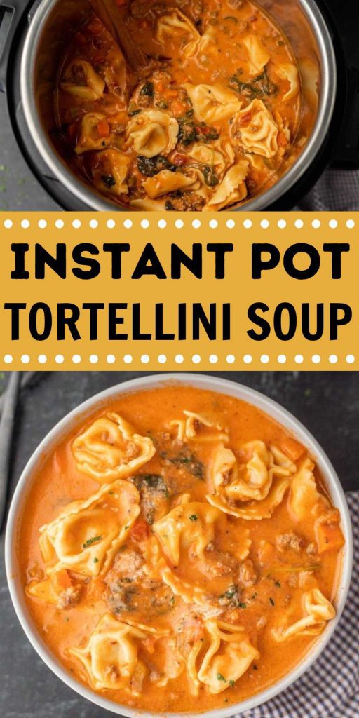 Instant Pot Tortellini Soup is a easy to make soup that cooks great in your instant pot. This soup is hearty and made with easy ingredients. It is hearty and delicious as it loaded with spinach, sausage, and tortellini. #eatingonadime #instantpot #tortellinisoup