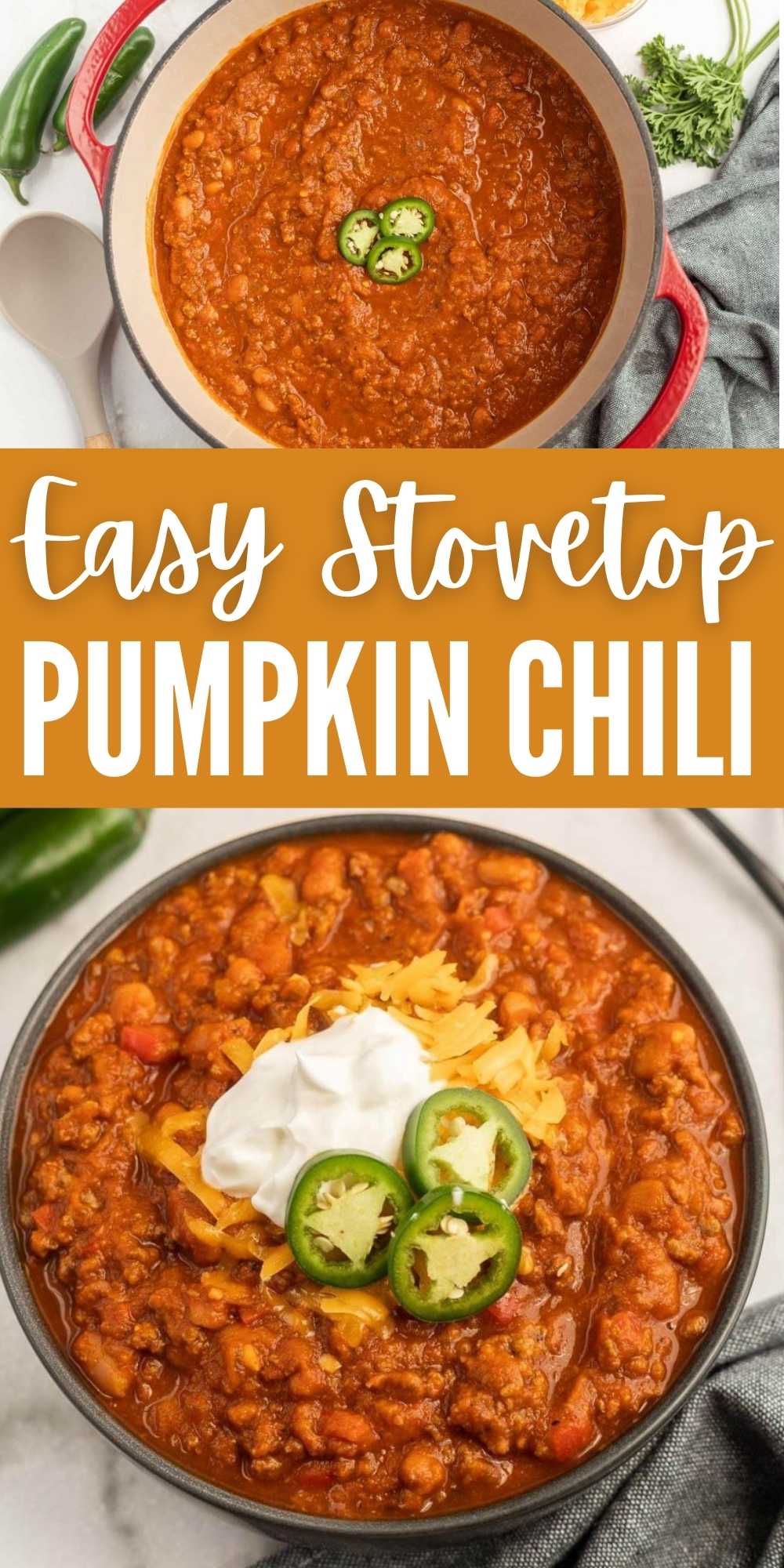 Pumpkin Chili recipe is a unique twist on the traditional chili. The secret is pumpkin puree and it adds the perfect hint of sweetness. This recipe is hearty and delicious. Easy to cook on your stove top or in the slow cooker. #eatingonadime #pumpkinchili #stovetoprecipes