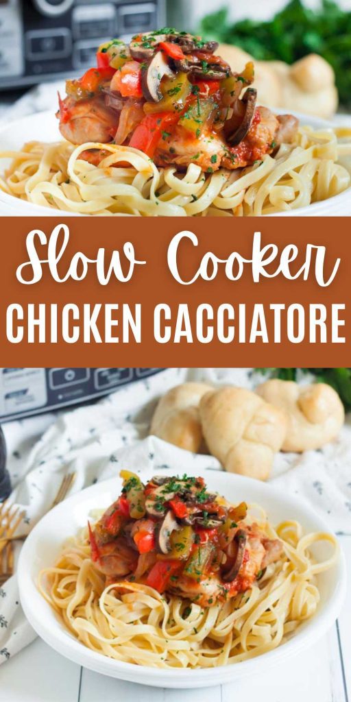 Slow Cooker Chicken Cacciatore sounds fancy but it is so simple to make  in the slow cooker. If you are looking for a one pot meal that has the best chicken, mushroom and tomato sauce, this recipe is a must try. #eatingondime #slowcookerrecipes #chickencacciatore