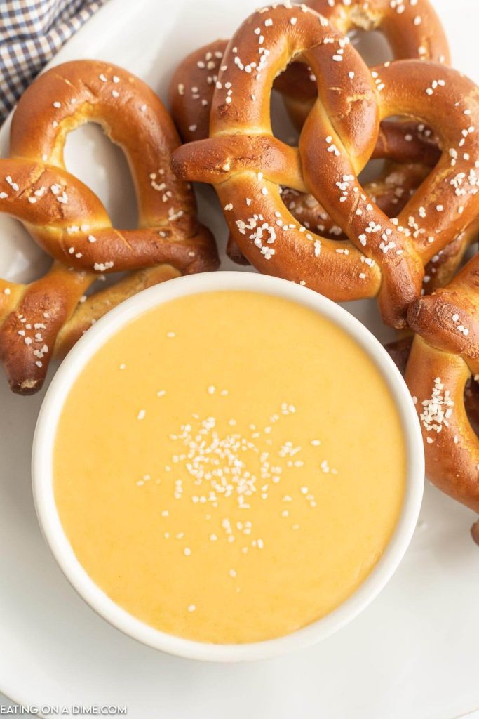 A bowl of cheese dip with a side of pretzels