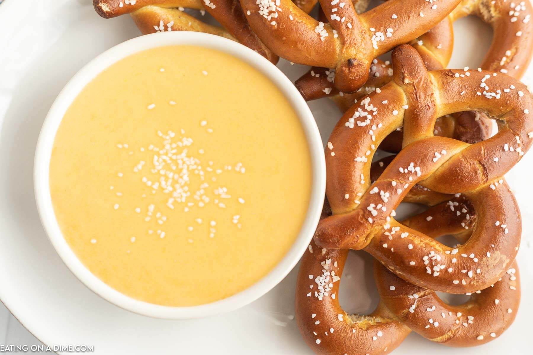 A bowl of cheese dip with a side of pretzels