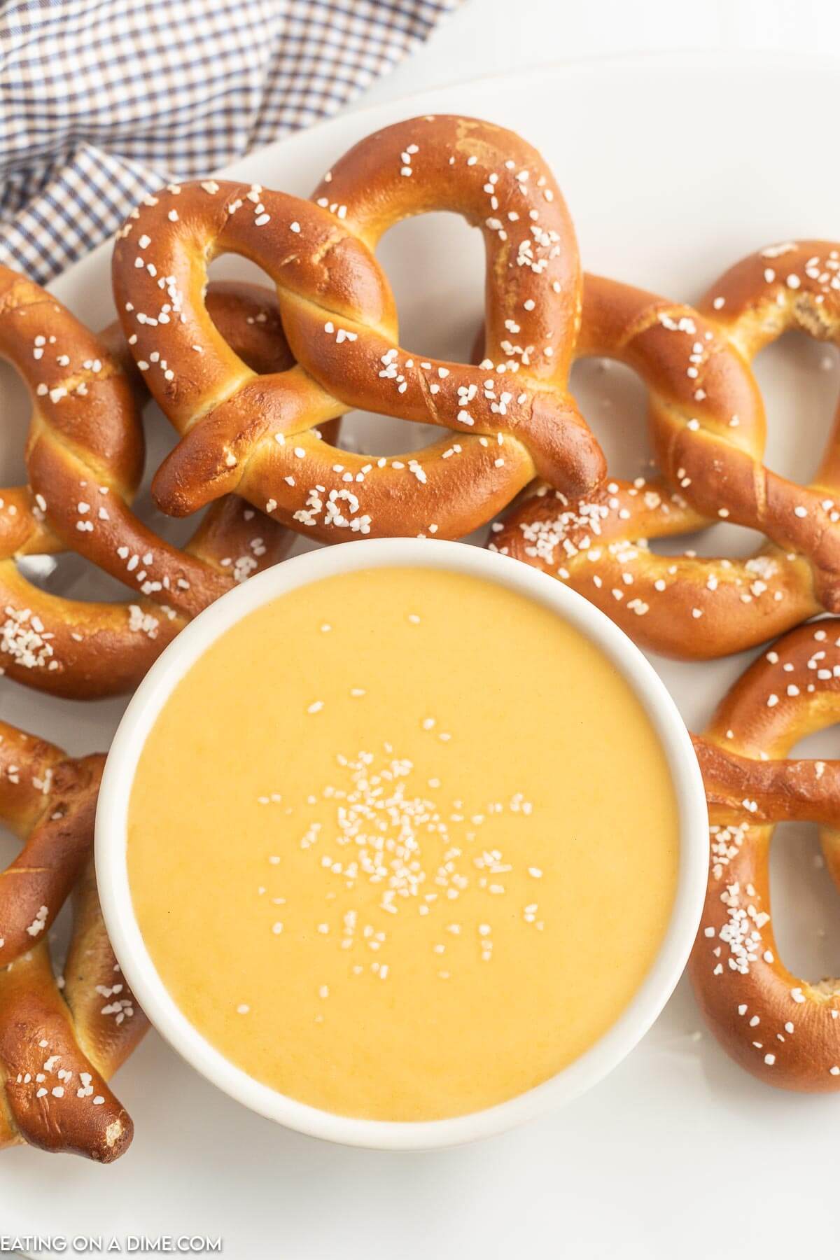 A bowl of cheese dip with a side of pretzels