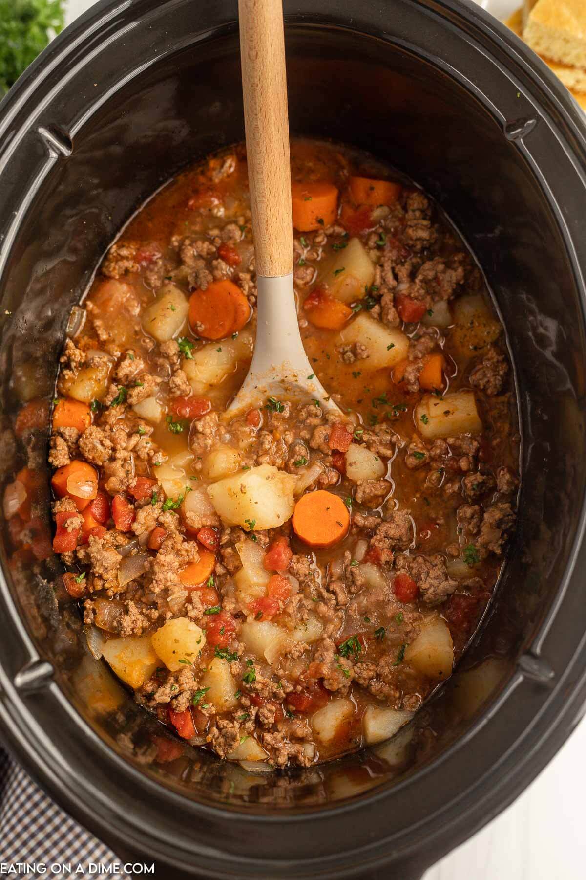 Close up image of poor mans stew in a slow cooker