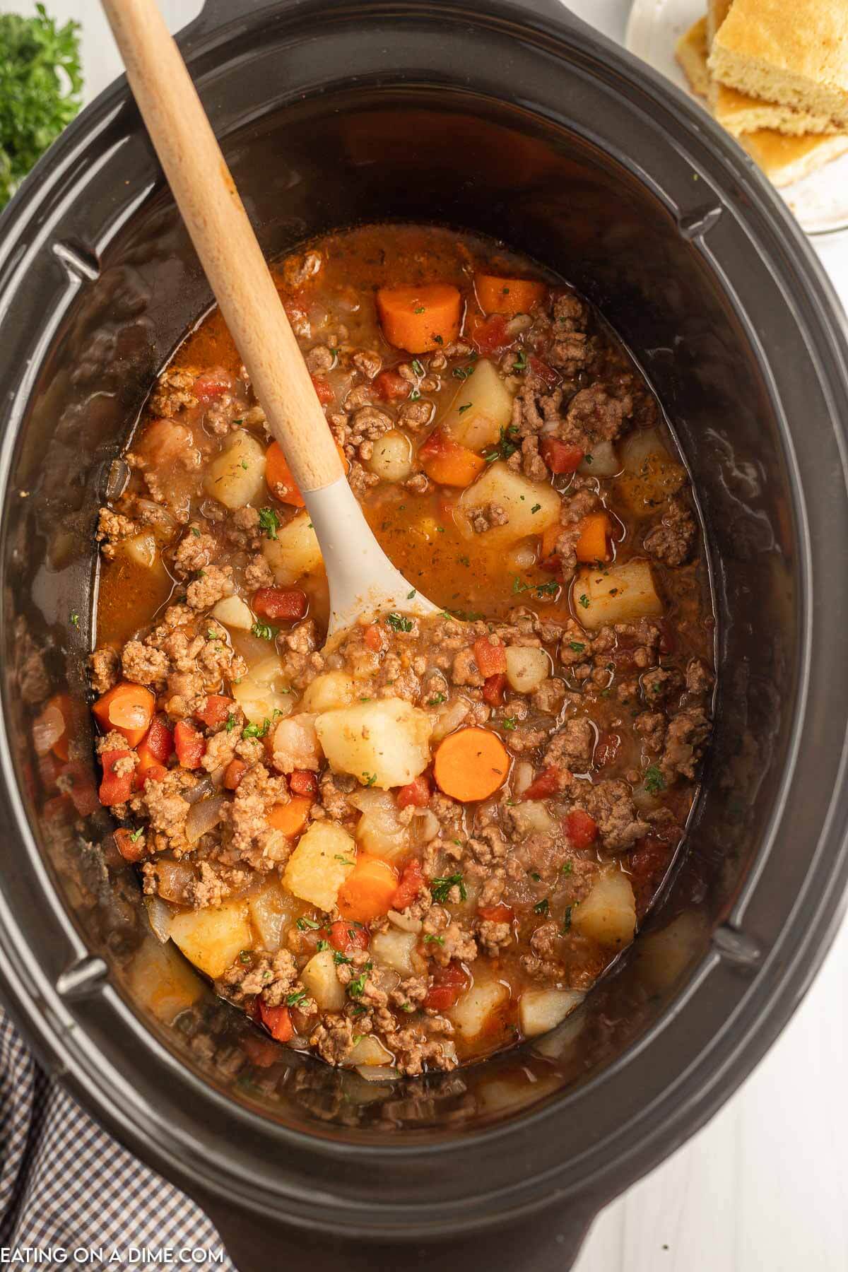 Close up image of poor mans stew in a slow cooker