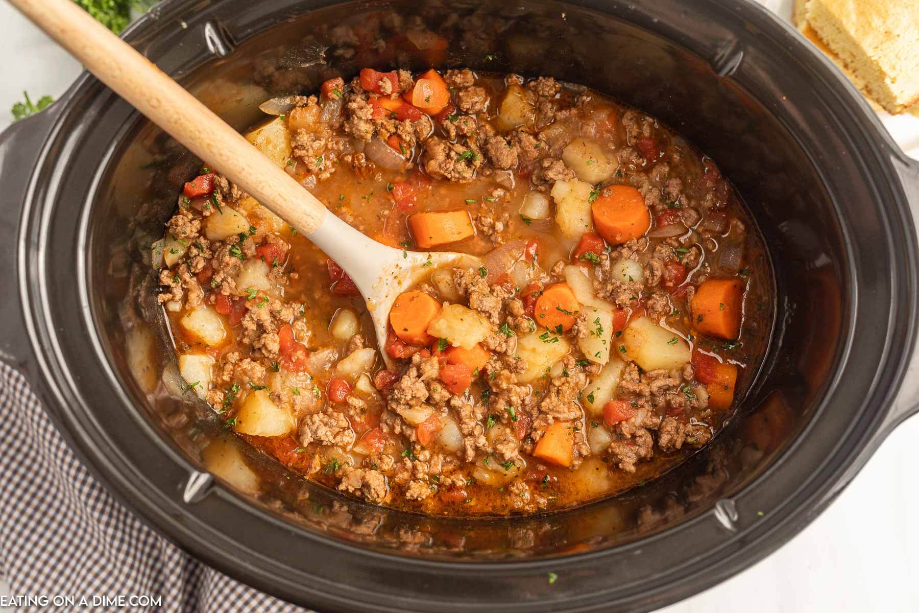 Close up image of poor mans stew in a slow cooker