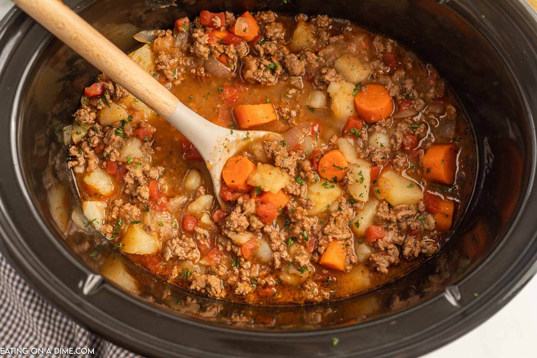 Close up image of poor mans stew in a slow cooker