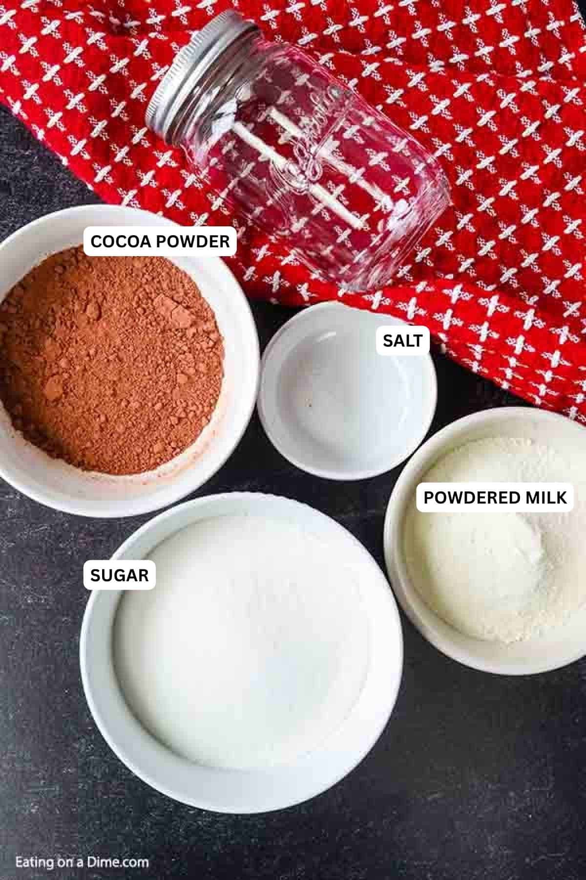 You are going to love this homemade hot chocolate mix recipe that you can easily store in a jar. I always have this in my pantry and it’s great to give this Instant Hot Chocolate mix as a gift as well. I hope you enjoy this DIY hot cocoa mix. #eatingonadime #hotchocolatemix #giftsinajar Ingredients for recipe: powdered milk, sugar, salt and cocoa.